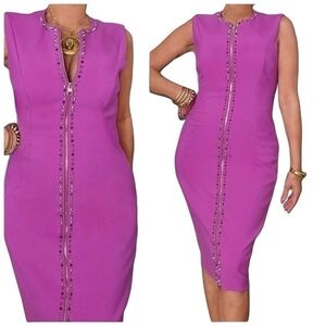 Versace Stunning Gold Studded Zipper Front Shift Dress Italian Size 44